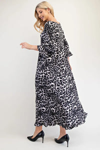 Celeste Full Size Leopard Round Neck Flounce Sleeve Dress - Brittney MADE