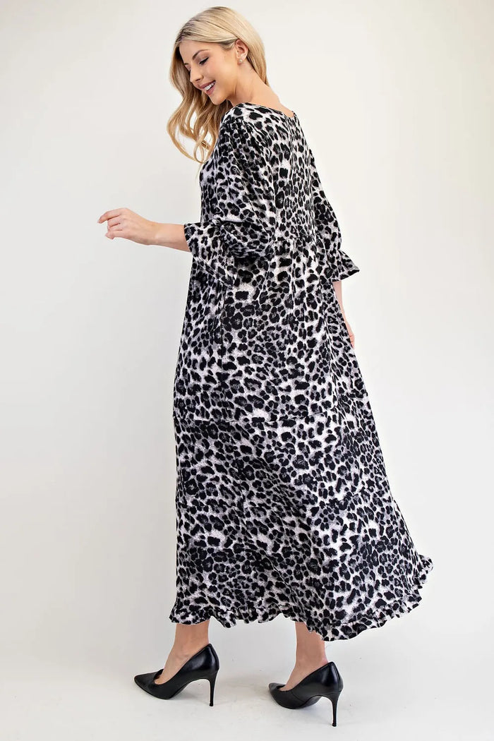 Celeste Full Size Leopard Round Neck Flounce Sleeve Dress - Brittney MADE