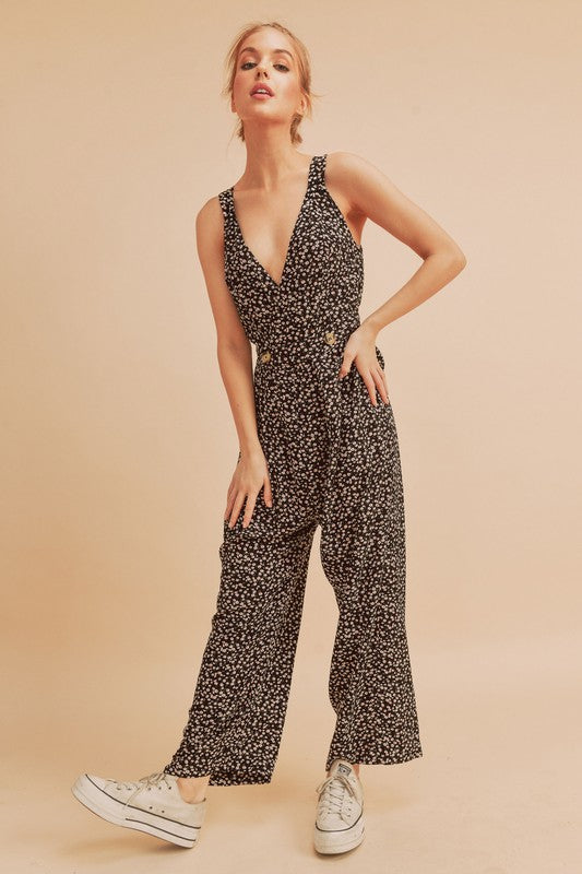 Aemi + Co Ditsy Floral Surplice Sleeveless Wide Leg Jumpsuit - Brittney MADE