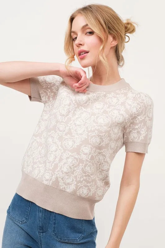 And The Why Short Sleeve Rose Pattern Knit Top - Brittney MADE