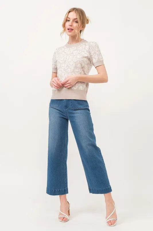 And The Why Short Sleeve Rose Pattern Knit Top - Brittney MADE