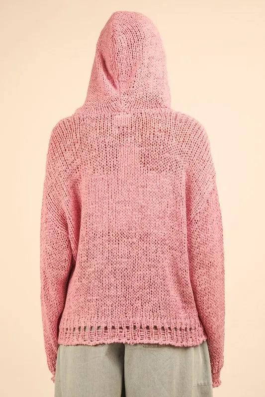 VERY J Oversized Openwork Lace Up Hooded Sweater - Brittney MADE
