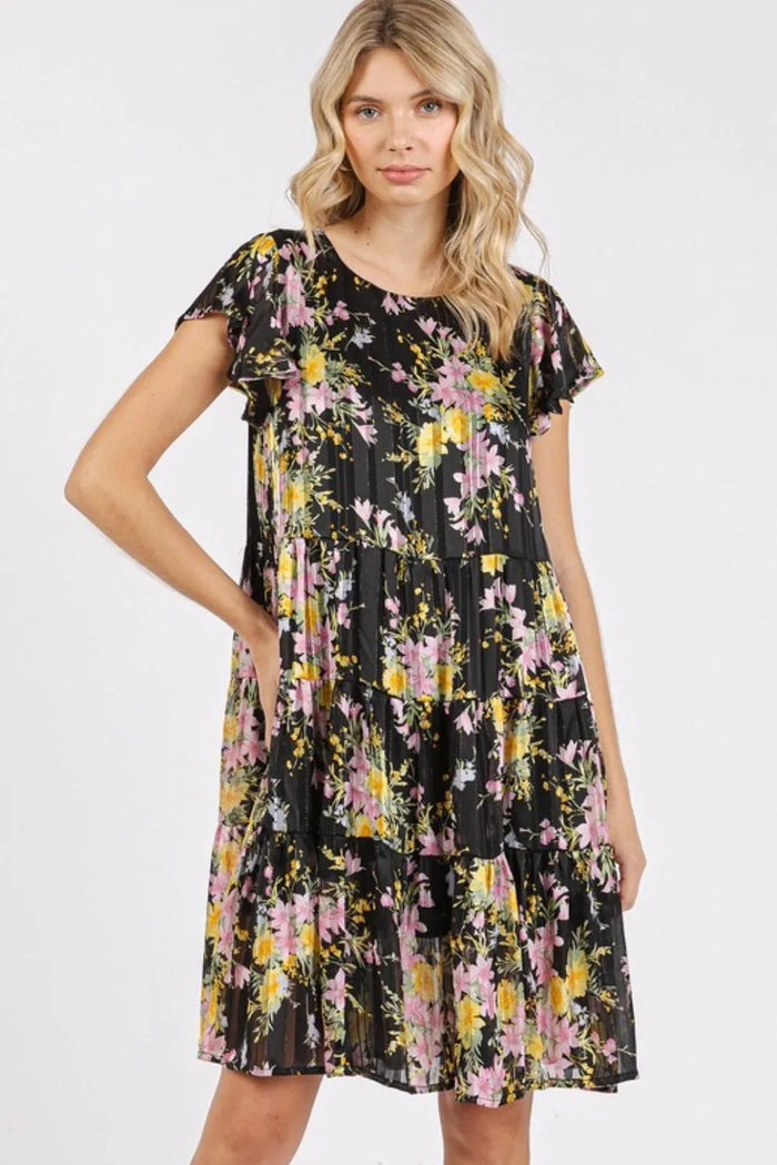 Mittoshop Flower Print Round Neck Flutter Sleeve Tiered Dress - Brittney MADE