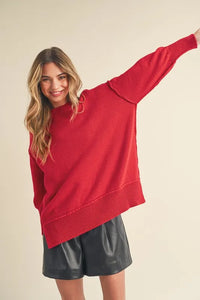 Aemi+Co Ribbed Hem Side Slit Round Neck Sweater - Brittney MADE