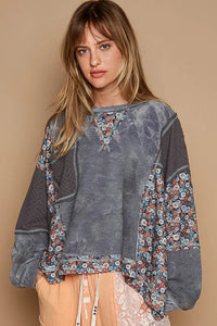 POL Floral Patchwork Round Neck Knit Top - Brittney MADE