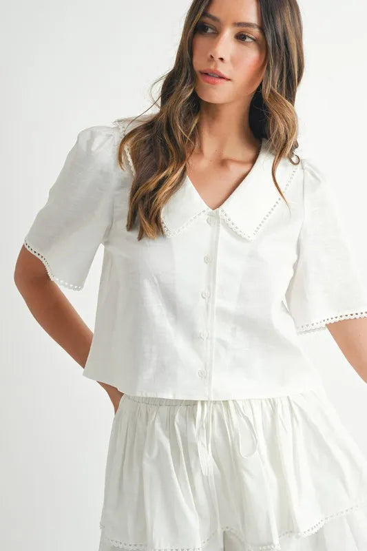 MABLE Collared Button Down Crop Top and Skort Set - Brittney MADE
