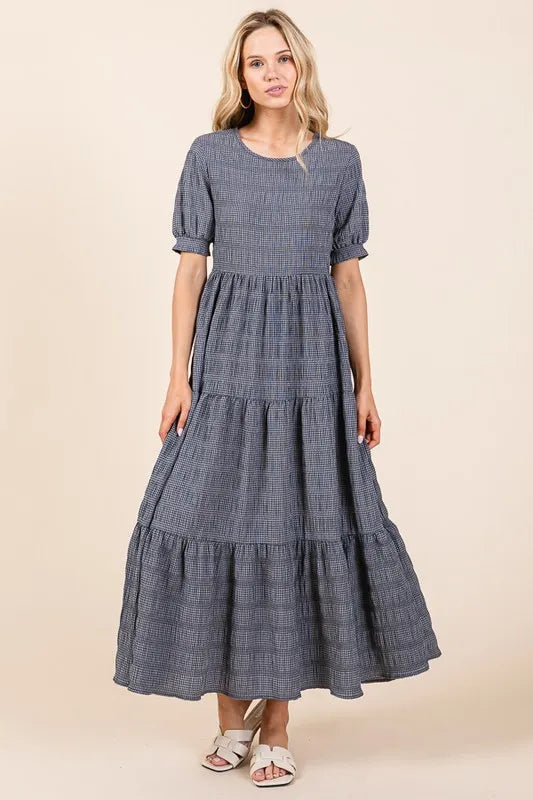 BOMBOM Textured Short Sleeve Tiered Dress - Brittney MADE