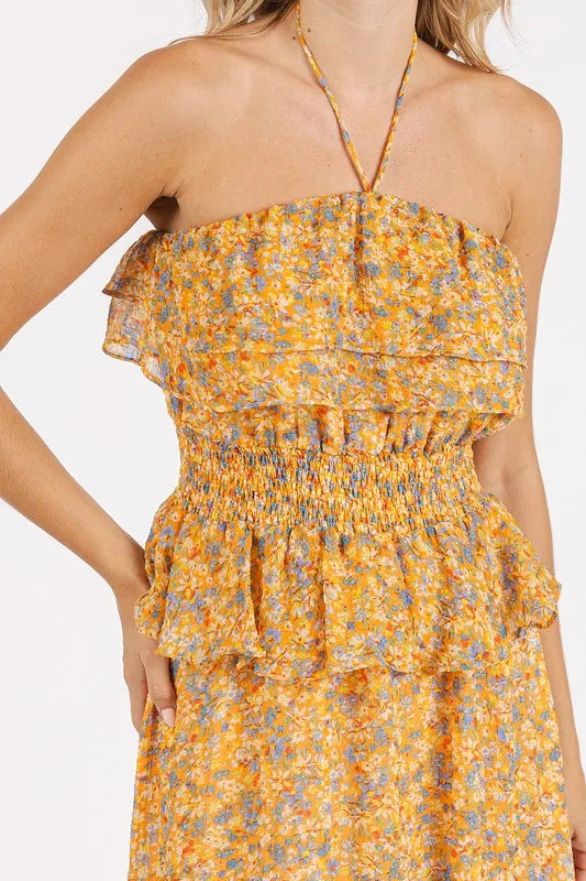 Mittoshop Ruffled Smocked Floral Halter Neck Maxi Dress - Brittney MADE