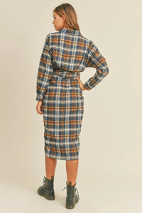 Mable Plaid Flannel Front Tie Button Down Shirt Dress - Brittney MADE