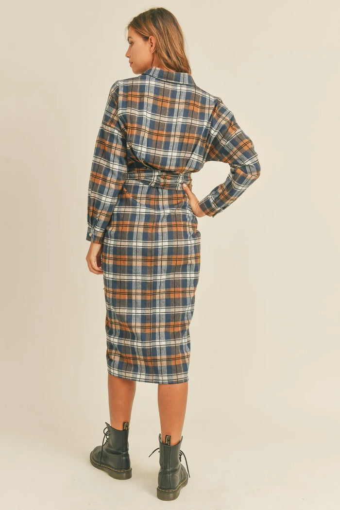 Mable Plaid Flannel Front Tie Button Down Shirt Dress - Brittney MADE