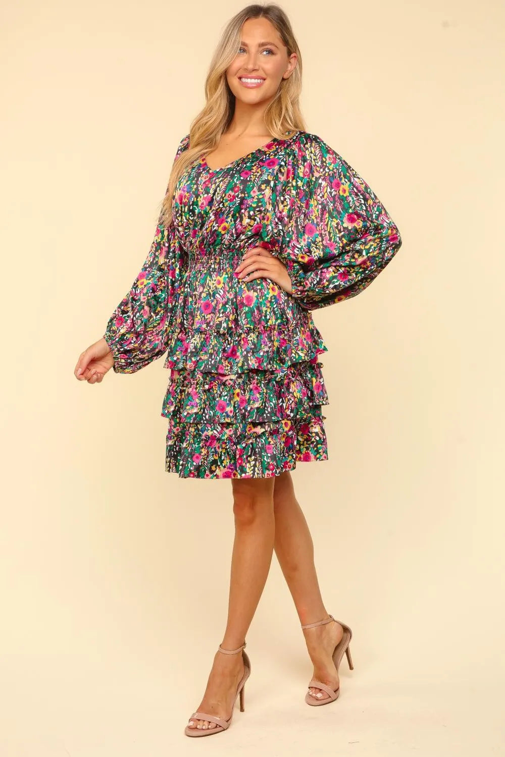 Haptics V-Neck Satin Floral Layered Dress - Brittney MADE