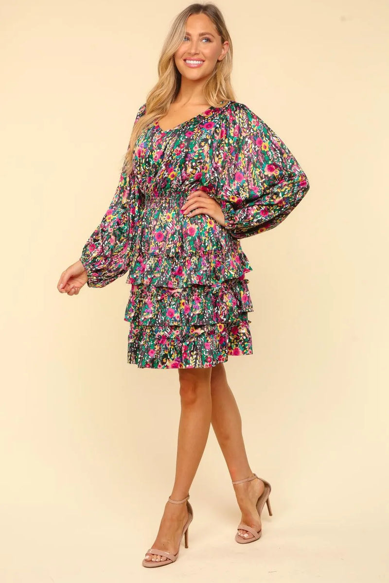 Haptics V-Neck Satin Floral Layered Dress - Brittney MADE