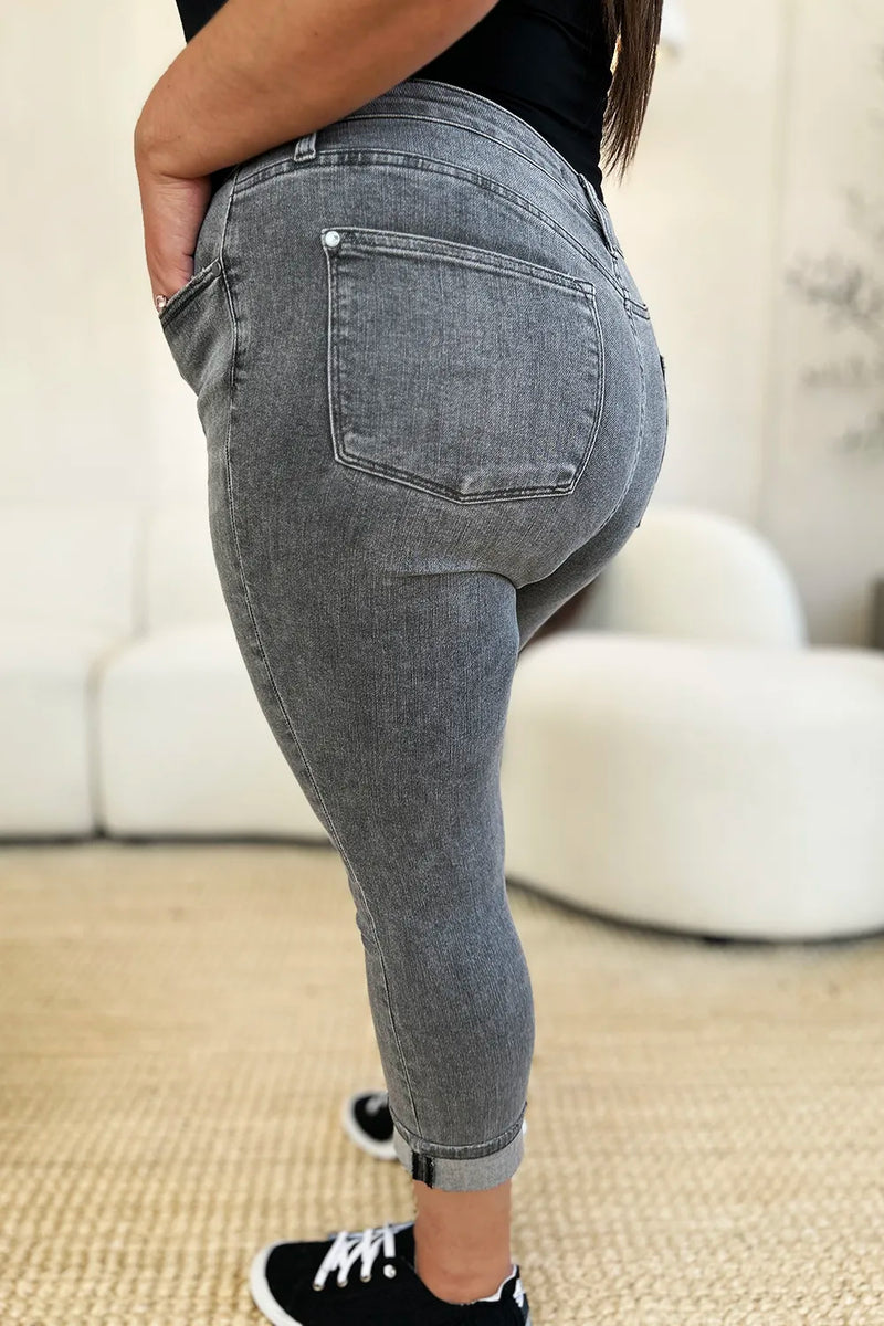 Judy Blue Full Size Button Fly High Waist Cuffed Capris - Brittney MADE