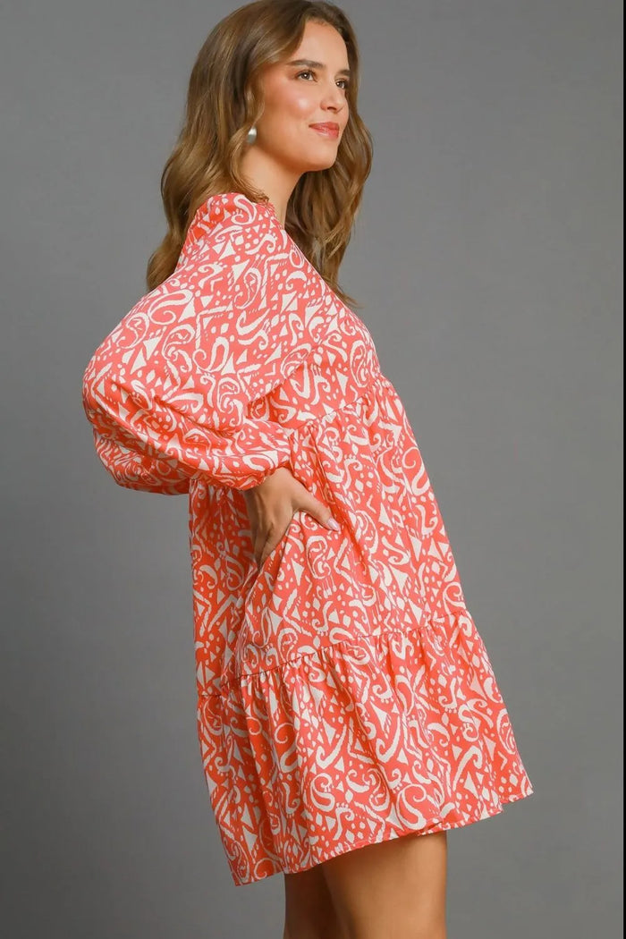Umgee Full Size Two Tone Print Balloon Sleeve Tiered Dress Plus Size - Brittney MADE