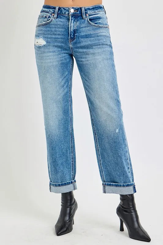 RISEN High Rise Ankle Boyfriend Distressed Jeans - Brittney MADE