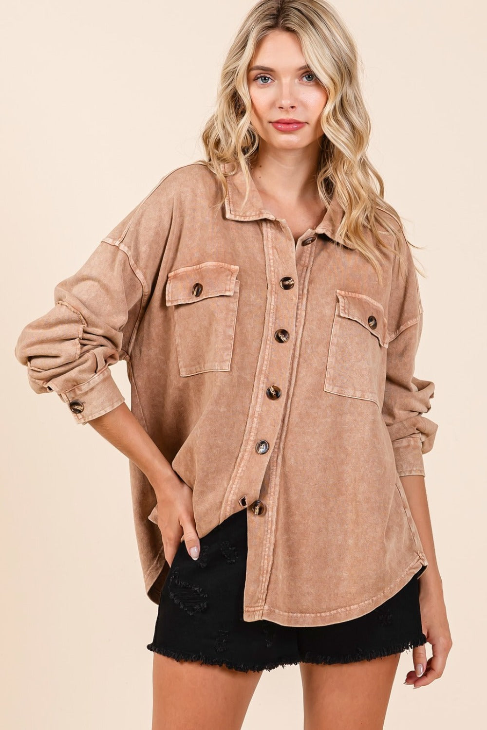 Mittoshop Mineral Wash French Terry Elbow Patch Shacket - Brittney MADE