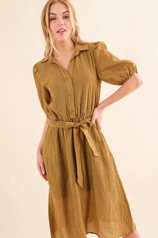 And The Why Waffle Textured Ribbon Waist Midi Dress - Brittney MADE