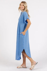 Mittoshop Mineral Wash V Neck Button Up Midi Shirt Dress - Brittney MADE