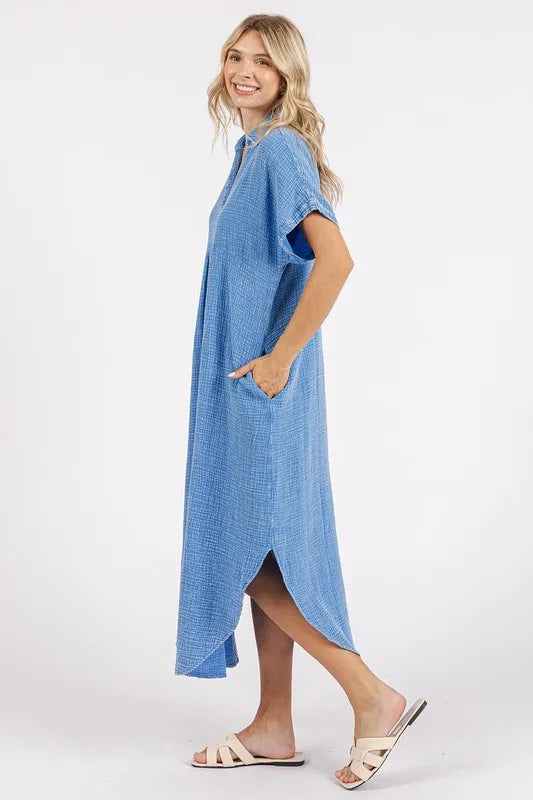 Mittoshop Mineral Wash V Neck Button Up Midi Shirt Dress - Brittney MADE
