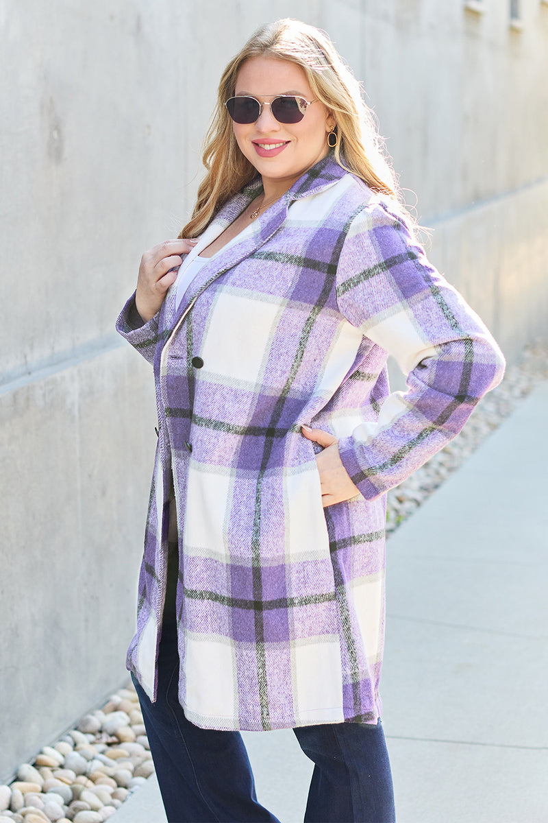 Double Take Full Size Plaid Button Up Lapel Collar Coat - Brittney MADE