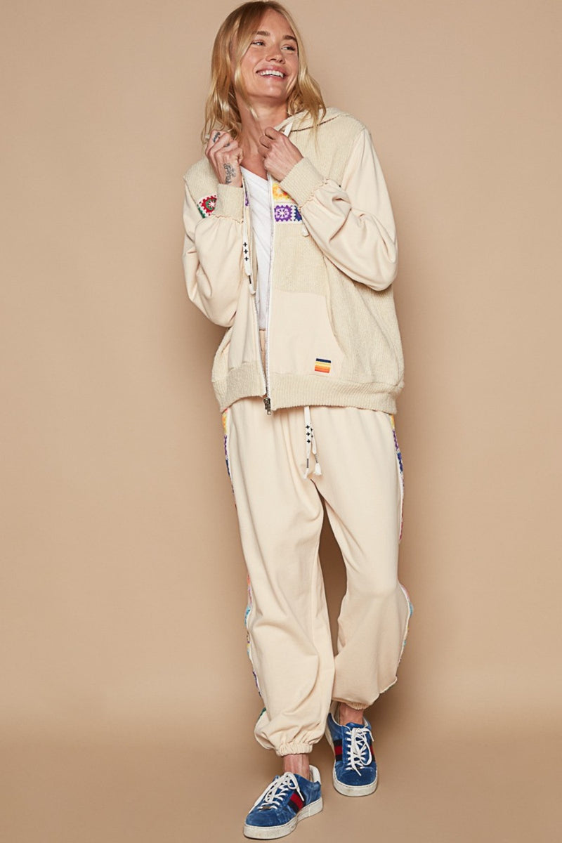 POL Contrast Square Patch Pattern Hooded Zipper Jacket - Brittney MADE