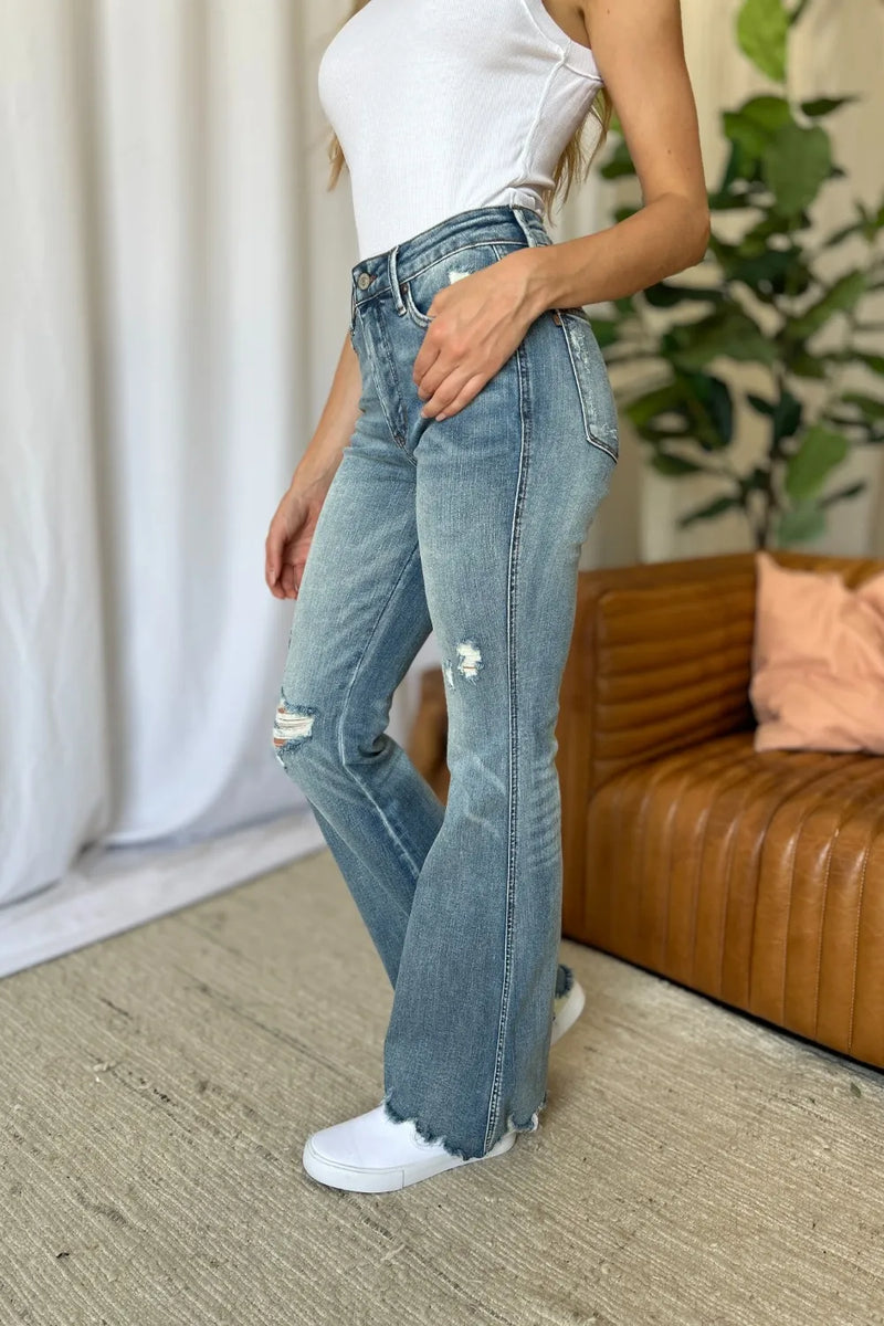 Judy Blue Full Size Medium Rise Tummy Control Destroy Flare - Brittney MADE