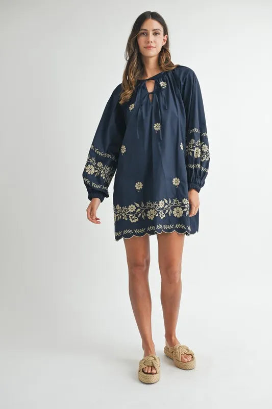 MABLE Embroidered Long Sleeve Peasant Mini Dress - Brittney MADE