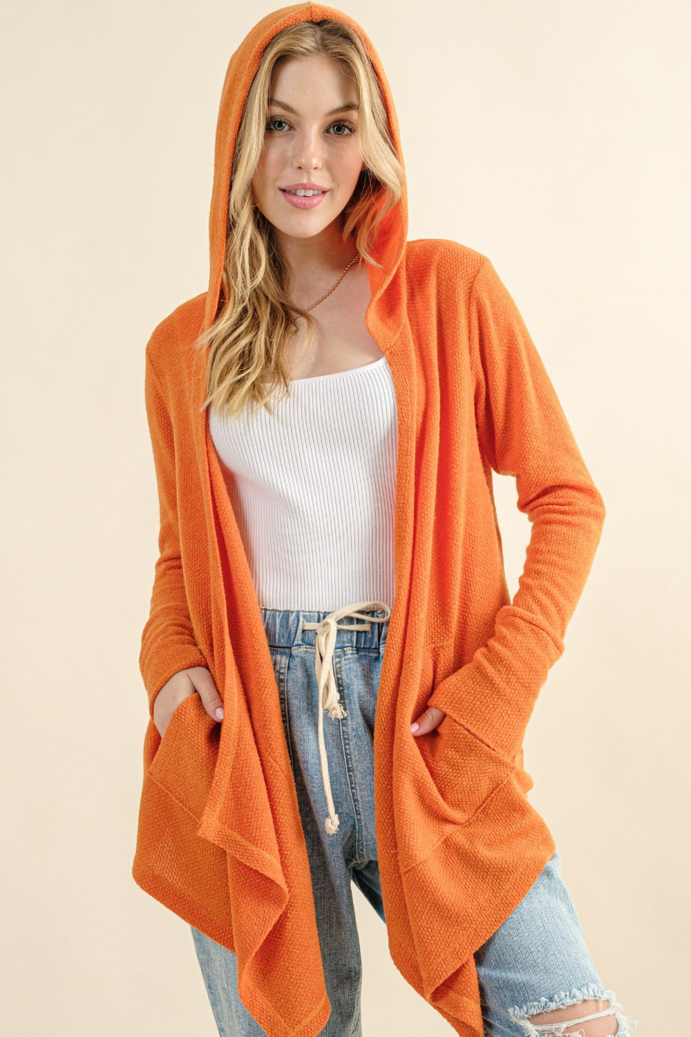 And The Why Full Size Thermal Hooded Open Front Cardigan with Pockets - Brittney MADE