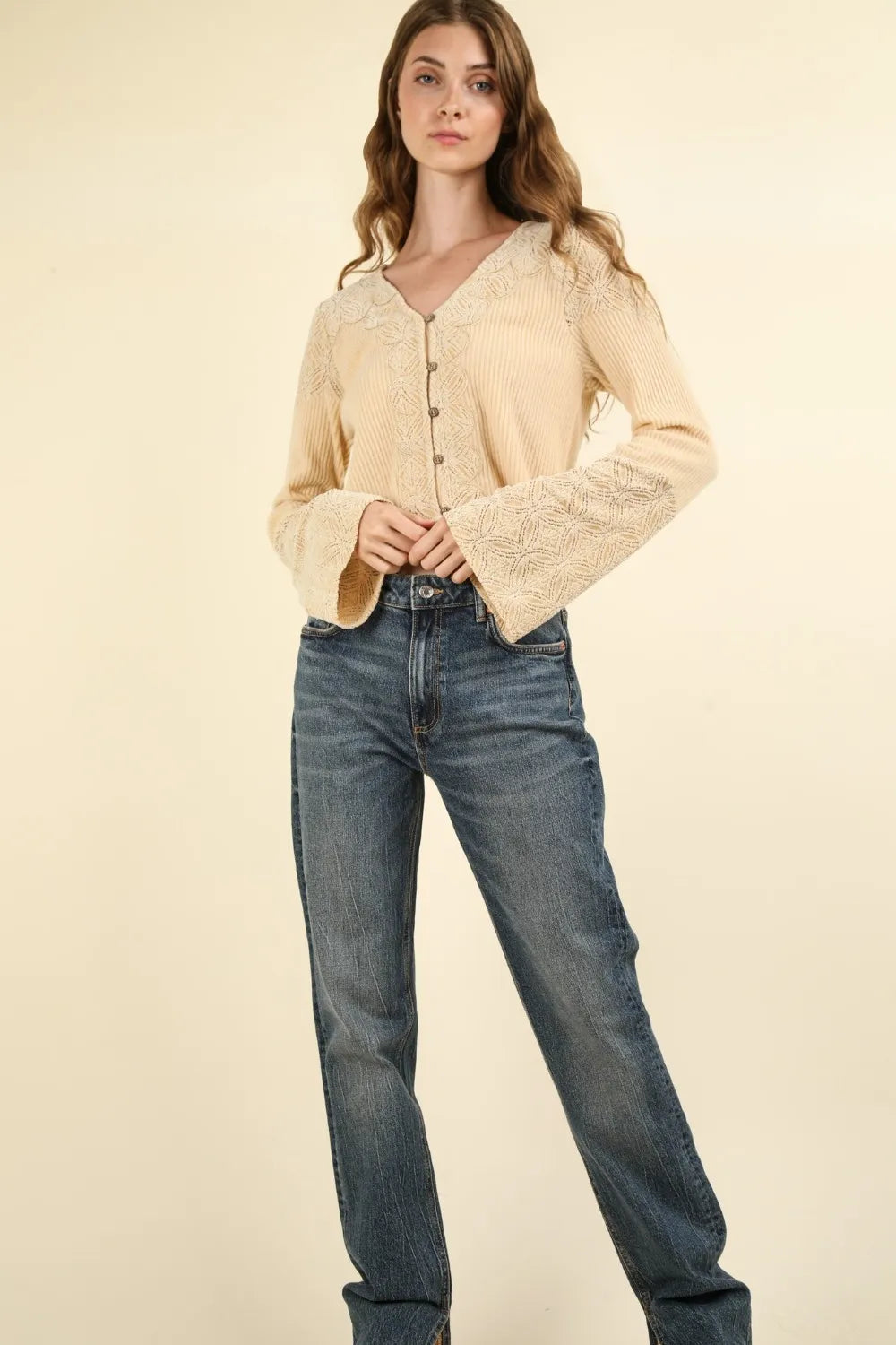 VERY J V-Neck Lace Detail Button Down Crop Ribbed Knit Top - Brittney MADE
