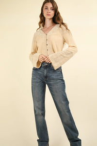 VERY J V-Neck Lace Detail Button Down Crop Ribbed Knit Top - Brittney MADE