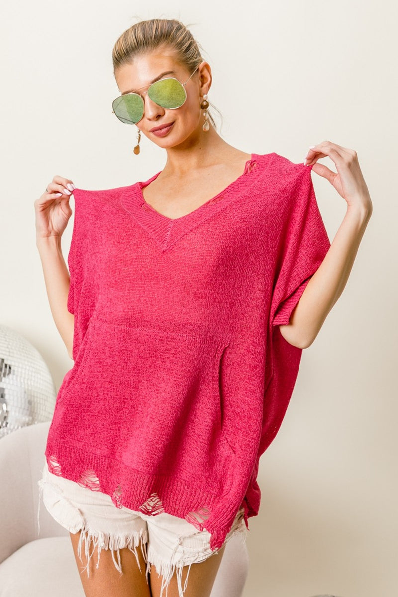 BiBi Distressed Hem V-Neck Slit Sweater - Brittney MADE