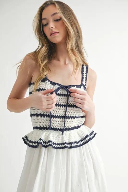 MABLE Crochet Stripe Knit Eyelet Mix Midi Dress - Brittney MADE