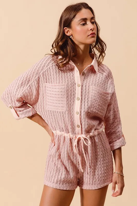 SO ME Textured Knit Button Front Romper - Brittney MADE