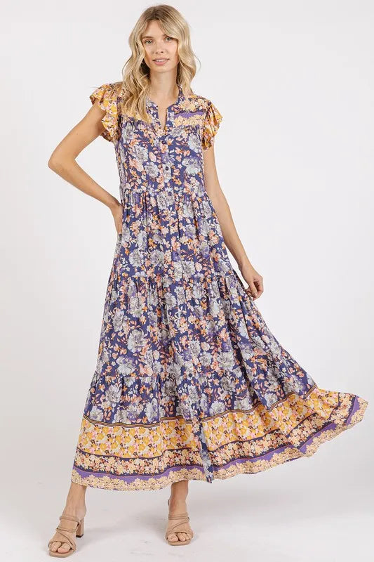 Mittoshop Floral Ruffled Notched Cap Sleeve Maxi Dress - Brittney MADE