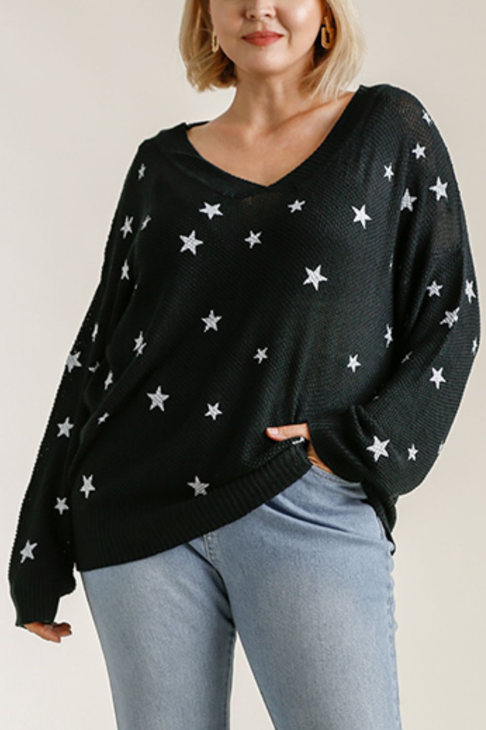 Umgee Full Size Star V-Neck Long Sleeve Sweater Plus Size - Brittney MADE