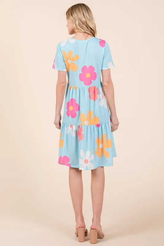 BOMBOM Floral Round Neck Short Sleeve Tiered Dress - Brittney MADE