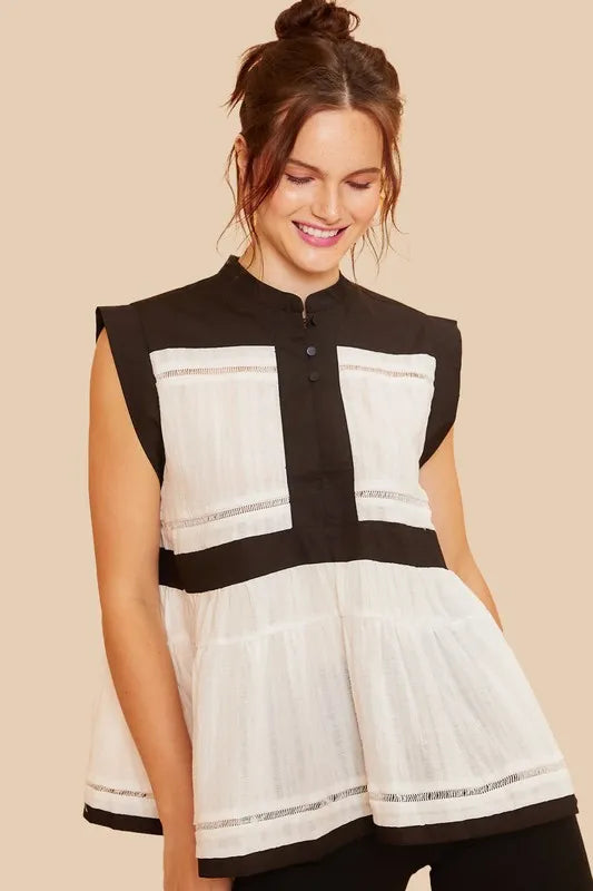 Annie Wear Contrast Trim Peplum Button Detail Blouse - Brittney MADE