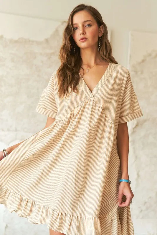 ADORA Ruffled Hem Striped V-Neck Babydoll Dress - Brittney MADE