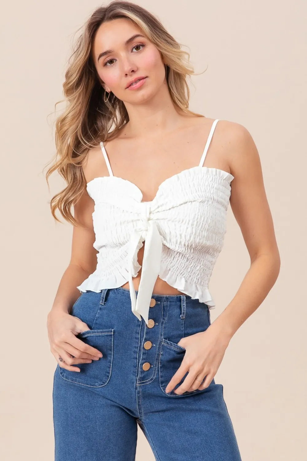 BiBi Ruffled Smocked Ribbon Detail Cami - Brittney MADE