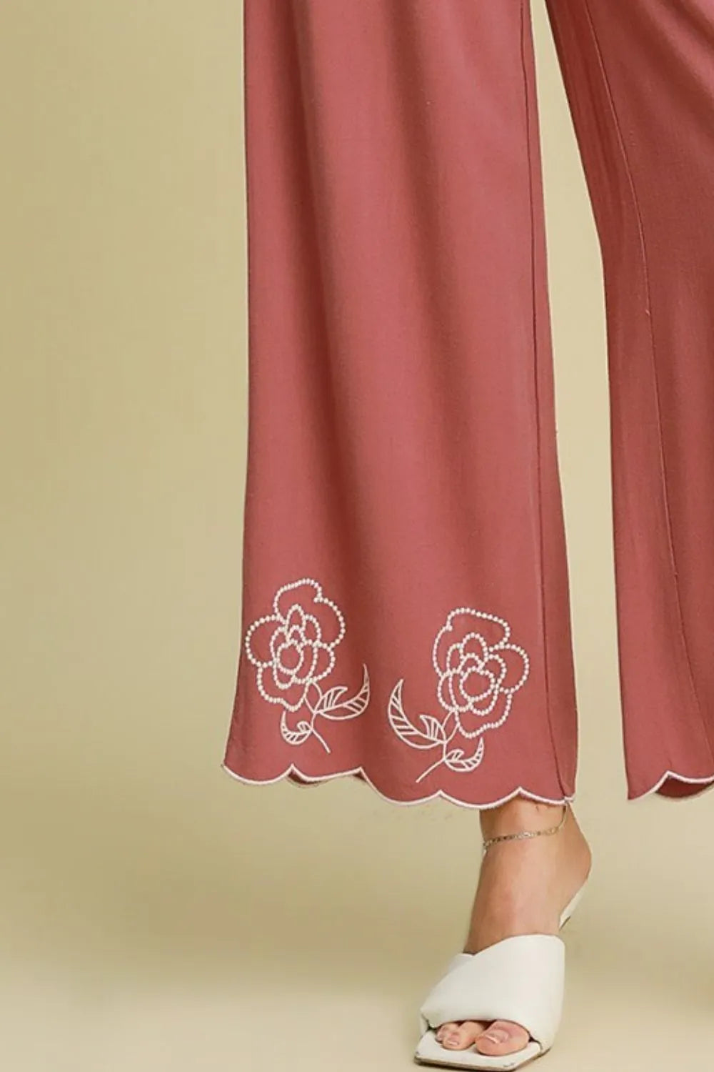 Umgee Full Size Linen Blend Wide Leg Pants with Scalloped Hemline Plus Size - Brittney MADE