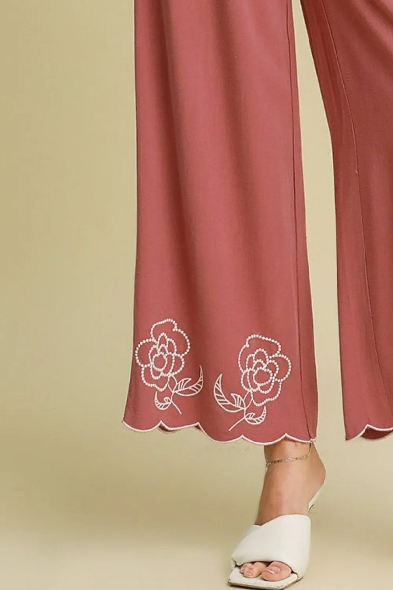 Umgee Full Size Linen Blend Wide Leg Pants with Scalloped Hemline Plus Size - Brittney MADE
