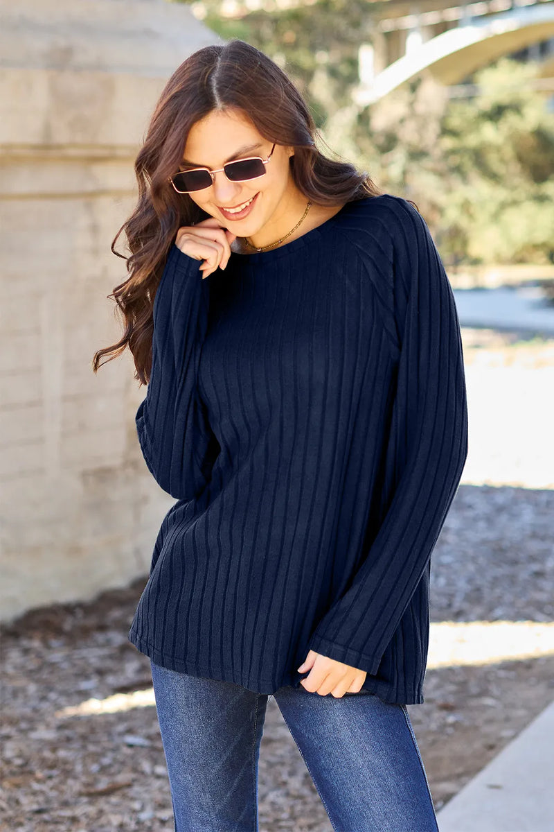 Basic Bae Full Size Ribbed Round Neck Long Sleeve Knit Top - Brittney MADE