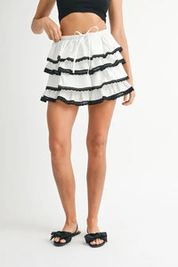 MABLE Poplin Ruffle Layered Contract Lace Trim Mini Skirt - Brittney MADE