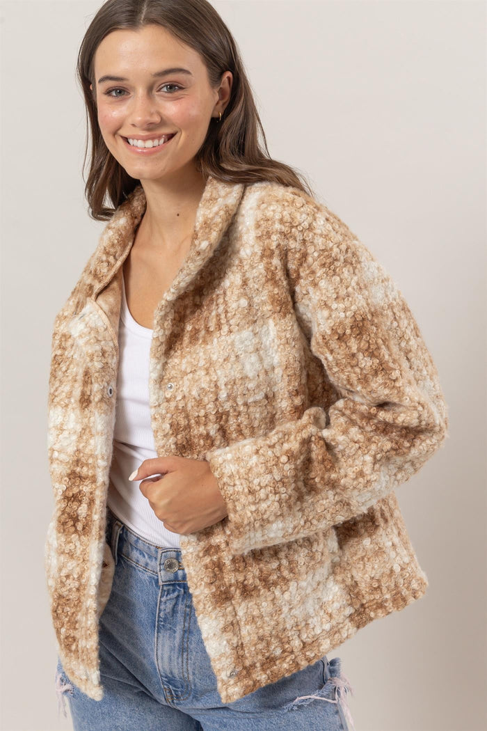 HYFVE Plaid Collared Neck Boucle Jacket with Pockets - Brittney MADE