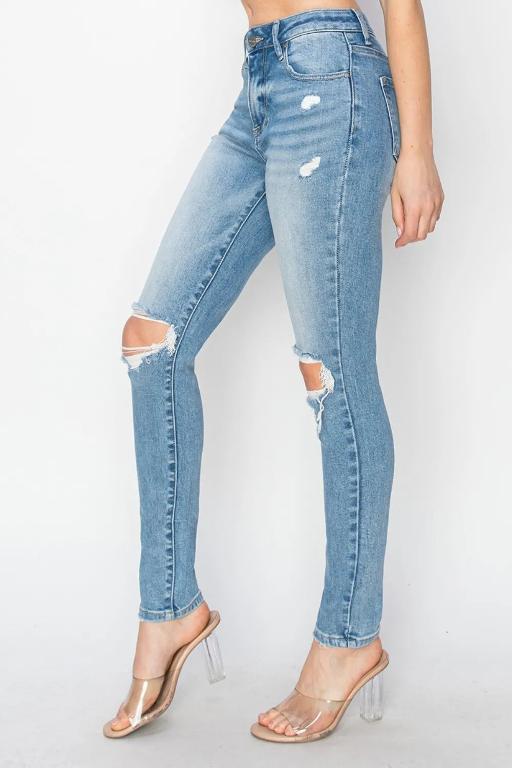 Risen Full Size High Rise Knee Distressed Skinny Jeans - Brittney MADE