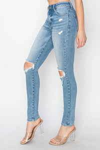 Risen Full Size High Rise Knee Distressed Skinny Jeans - Brittney MADE