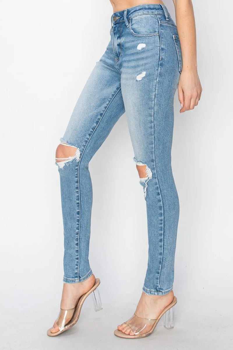 Risen Full Size High Rise Knee Distressed Skinny Jeans - Brittney MADE