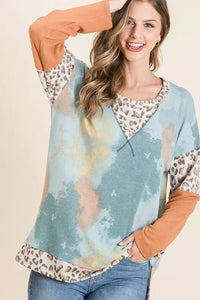 BiBi Tie-Dye Leopard Terry Round Neck Long Sleeve T-Shirt - Brittney MADE