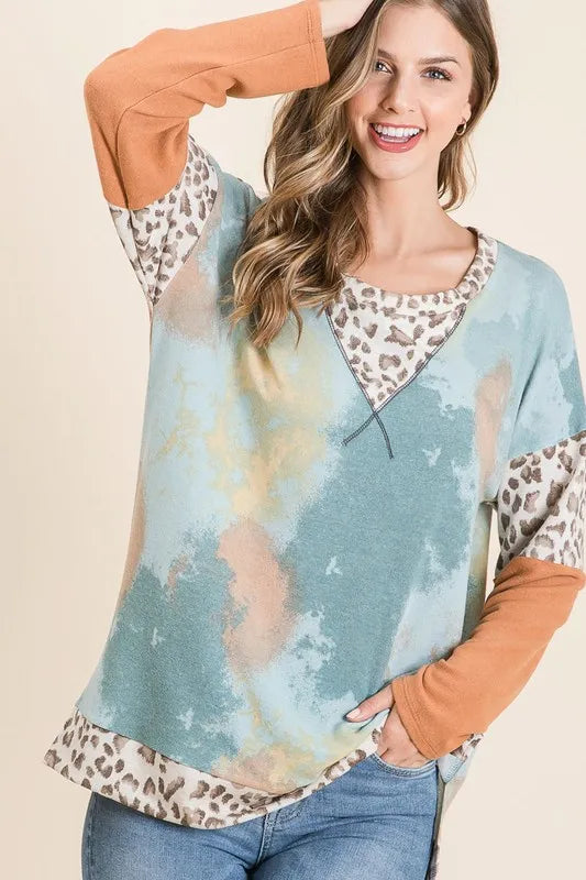 BiBi Tie-Dye Leopard Terry Round Neck Long Sleeve T-Shirt - Brittney MADE