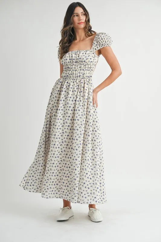 MABLE Floral Print Puff Sleeve Gathered Midi Dress - Brittney MADE